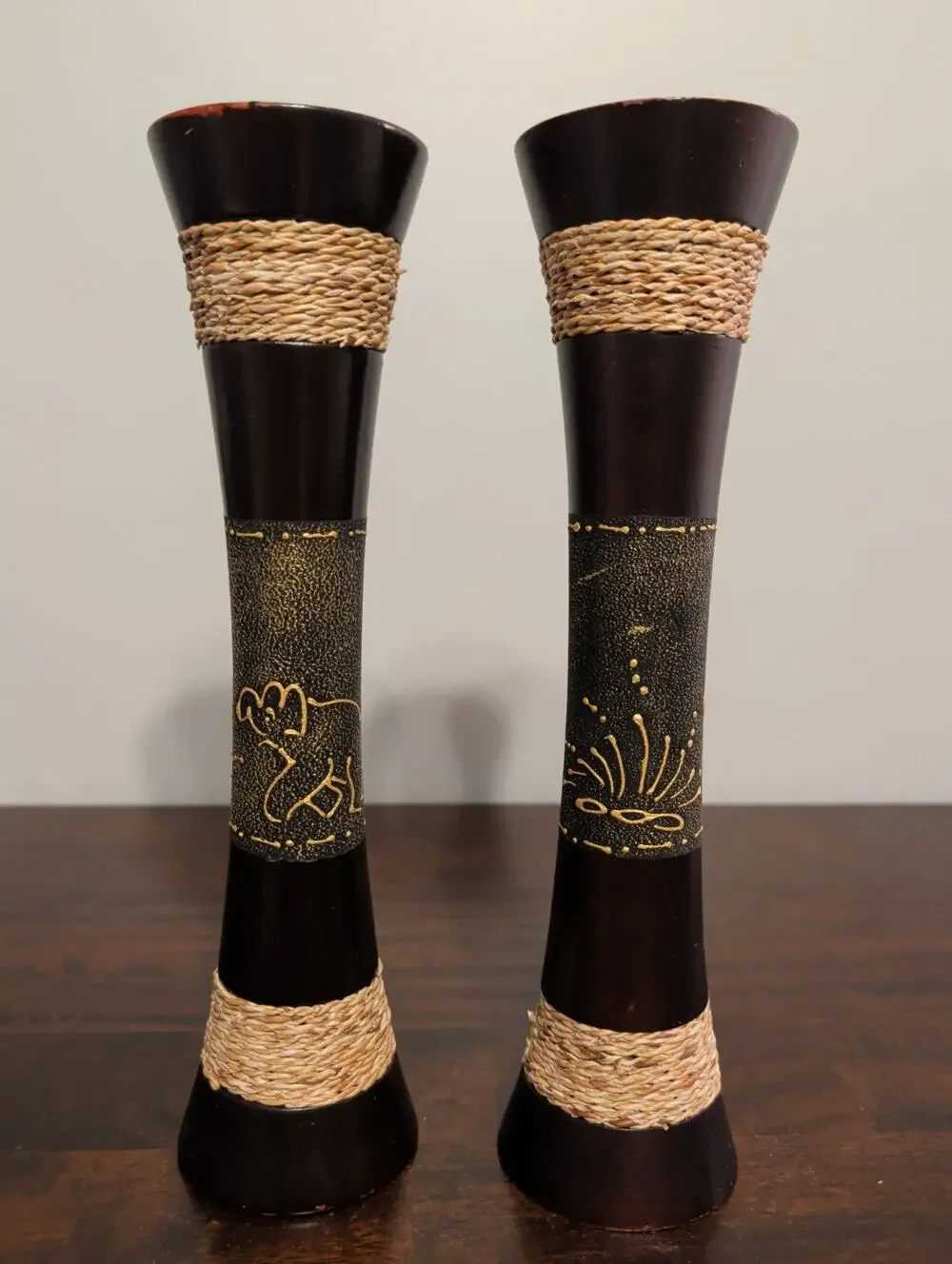 Set of 2 Tall Mango Wood Vases w/ Jute Wrap, Elephant Depictions